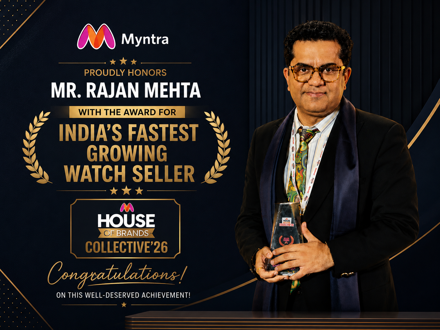 Rajan Mehta receiving the Highest Absolute GMV award from Myntra at House Of Brands Collective 2026