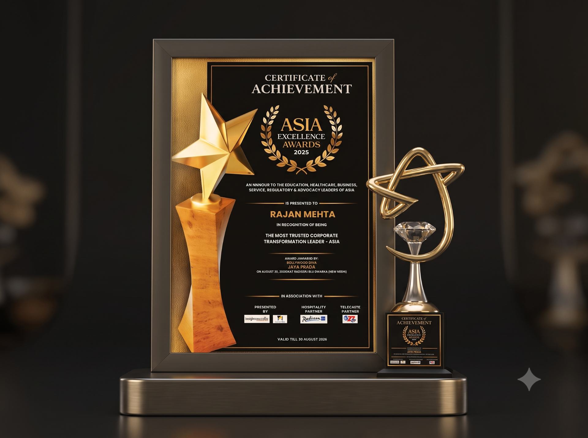 Rajan Mehta with Asia Excellence Awards 2025 — Most Trusted Corporate Transformation Leader trophy and certificate